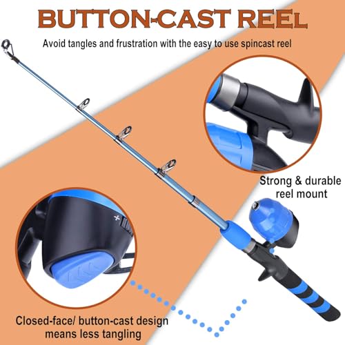 PLUSINNO Kids Fishing Pole, Portable Telescopic Fishing Rod and Reel Combo Kit - with Spincast Fishing Reel Tackle Box for Boys, Girls, Youth - color: BLUE, size: 4.92 ft