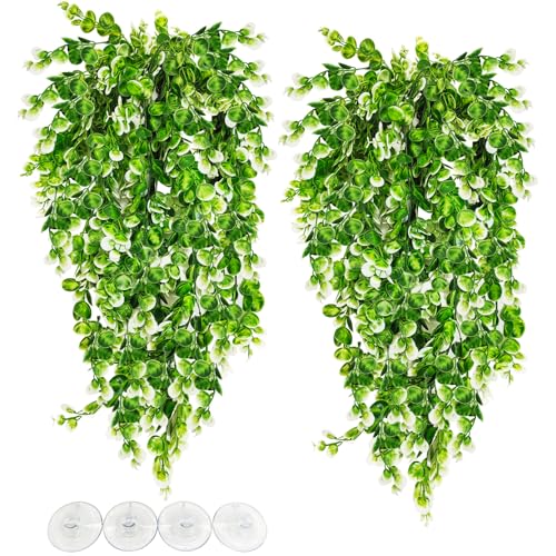 Hanging Fake Plants for Reptiles, 2 Pack Fake Reptile Plants for Reptiles Tank with Suction Cup, Reptile Plants Jungle Hanging Vines for Bearded Dragon Tank (Green and White)