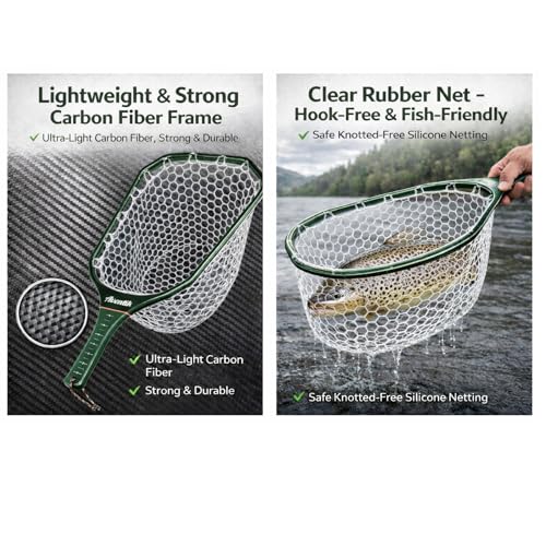 Aventik Fly Floating Fishing Net Carbon Fiber Landing Trout Net Light Weight Clear Rubber Ghost Net Catch & Release - color: Stealth Boat Frame standard handle black magnet