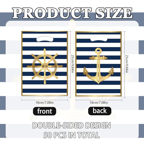 Papiailove 50Pcs Nautical Party Decorations - Nautical Party Plastic Favor Bags with Handles, Ship Anchor Goodie Treat Bags for Cruise Birthday, Sailing Baby Shower, Beach Summer Theme Party Supplies - color: Nautical