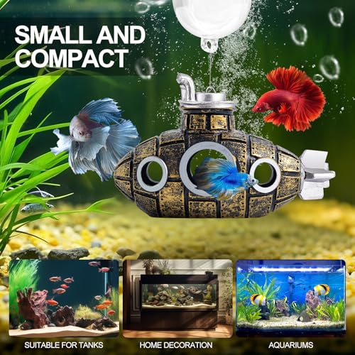 New Upgrade Floating Fish Tank Decoration, Cute Retro Submarine Set and Floating Diver,Three Float Balls, Aquarium Decorations Resinous Betta Fish Tank Accessories - color: Gilding