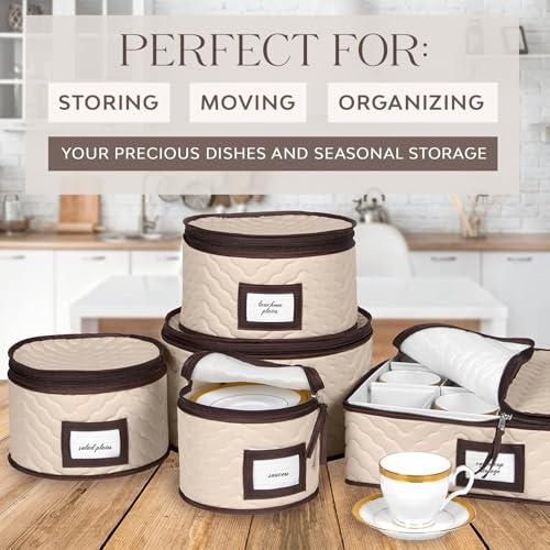 China Storage Containers 5-Piece Set Moving Boxes for Dinnerware, Glasses, Plates, Mugs and Saucers Sturdy Quilted Microfiber Dish Organizer with Dividers for Seasonal Storage - Holds Set of 12 - color: Beige