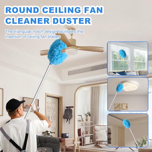 Storystore Ceiling Fan Cleaner Duster - Adjustable Duster with Extension Pole,Dusters for Cleaning Fan Blade, Walls and Cobweb (Round / 4Claw) - color: Round&4-claw-blue