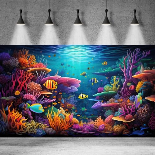 Coral Reef Aquarium Background Underwater Tropical Fish Coral Reef Aquatic Plant Fish Tank Backdrop Underwater Colorful Corals Reefs Terrarium Background Tropical Life Wallpaper Poster Decor 24x12in - color: Purple Blue, size: 24(W)x12(H)in