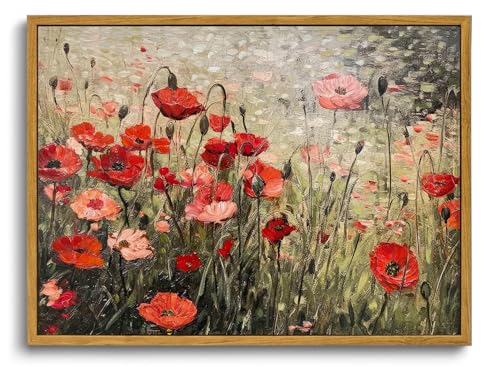 OIQArtOIQ Vintage Landscape Canvas Wall Art Framed Natural Scenery Painting Artwork Prints France Country Wilderness Farmhouse Decor Pictures Kitchen Bedroom Living Room Bathroom - color: Corn Poppy, size: 8x10 in