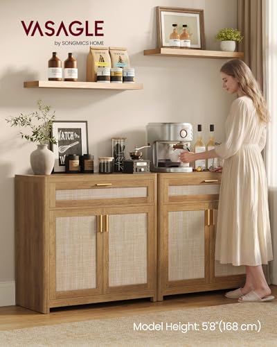 VASAGLE ELLAN Collection - Boho Buffet Cabinet with Rattan-Look Doors, Sideboard Storage Cabinet, Rounded Corners, Adjustable Shelf, Drawer, for Kitchen, Natural Brown UBBK601KC01 - color: Natural Brown (With Drawer), size: 1 Pcs