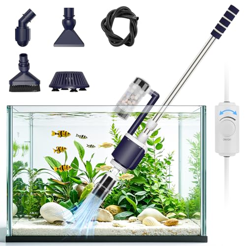 AQQA 600GPH Electric Aquarium Gravel Cleaner, 6-in-1 Automatic Fish Tank Vacuum Cleaner & Water Changer with Stainless Steel Handle & 3-Stage Filter Cup for Turtle Tanks, Adjustable Flow 34W | 6-in-1 Automatic Fish Tank Vacuum Cleaner & Water Changer, Sta