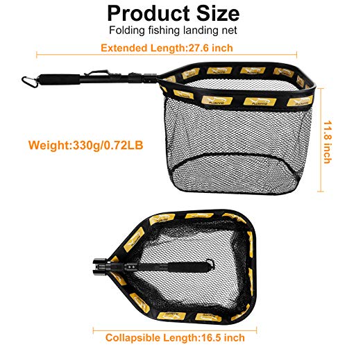 PLUSINNO Floating Fishing Net for Steelhead, Salmon, Fly, Kayak, Catfish, Bass, Trout Fishing, Rubber Coated Foldable Landing Net with Fixed or Telescoping Pole Handle, Fishing Gear and Gifts for Men - color: 11.8"/30cm Hoop Size Orange (with Magnetic Rel