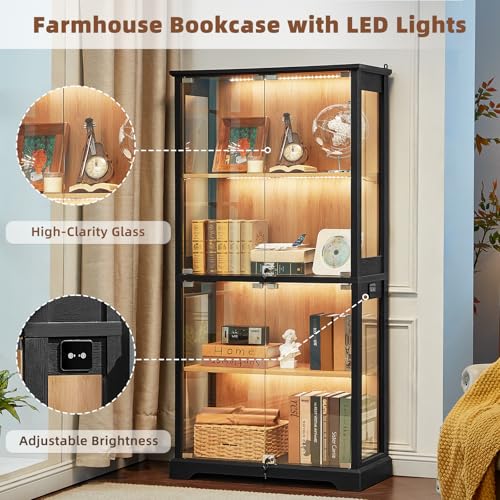 LELELINKY Farmhouse Glass Display Cabinet Set of 3 with Doors, Corner Curio Cabinet for Collectibles, Wooden Display Cabinets for Home, Office, Living Room, Corner, Black - color: Black, size: Set C