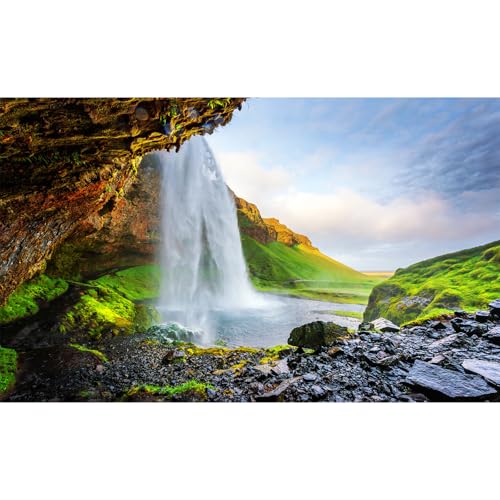 Sunrise Waterfall Aquarium Background Gorgeous Spring Natural Field Fish Tank Background Splendid Cascading Falls Terrarium Backgrounds Tranquil Stream Green Meadow Reptile Tank Backgrounds 24x16in - color: Green_Bule, size: 24(W)x16(H)in