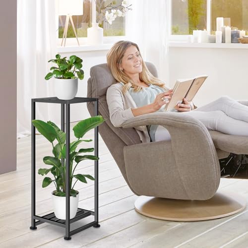 LUBORN Plant Stand Indoor Outdoor, Wrought Iron Plant Stands 2 Tier Heavy Duty Metal Pedestal Stand Decorative Flower Stand for Patio Garden Deck Living Room