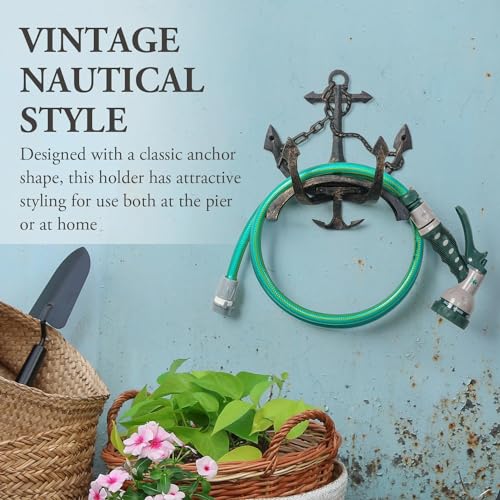 MyGift Brown Heavy Duty Cast Iron Outdoor Garden Hose Hanger Wall Mounted Water Hose Holder Reel with Vintage Scrollwork Design (Ship Anchor) - style: Ship Anchor