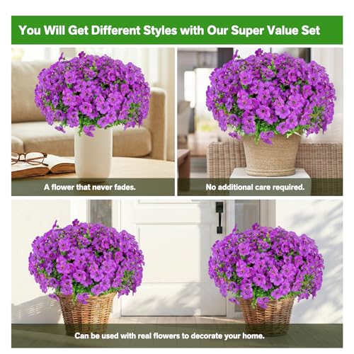 Artificial Flowers Fake Plants for Outdoors Spring Decoration, 13Bundles Silk Realistic UV Resistant Faux Flowers for Outside Planter Porch Yard Patio Garden Home Indoor, Purple - color: Purple, size: Artificial Flowers(13 Pcs)