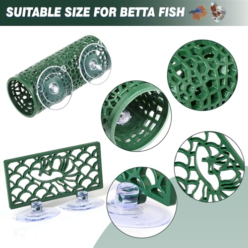 Abizoo Betta Fish Tunnel Hideout and Hammock Bed for Fish Aquarium Decoration, African Dwarf Frog Tank Accessories Hollow Design Habitat Cave for Betta Shrimp Guppies Neon Tetras Zebra Danios Snails - color: Dark green