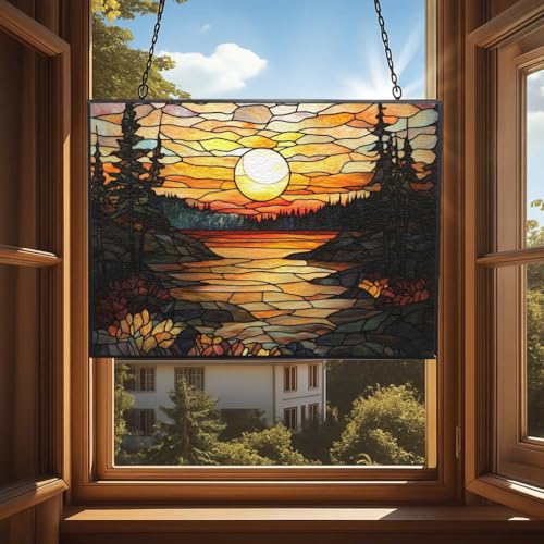 Customized Rectangle Vintage Sunset in The Forest Stained Glass Window Hanging, Suncatcher for Women, Stained Glass Window Decor Perfect Home Décor - color: Vintage Sunset in the Forest 1, size: 9.4x7.1 IN
