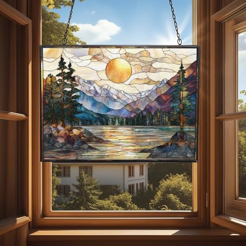 Rectangle Sunset Mountains Lake Tree Stained Glass Sun Catcher Mountain Stained Glass Window Hanging, Suncatchers Lavender Wall Decor, for Women/Friends/Lover - color: Sunset Mountains Lake Tree, size: 15x11 IN