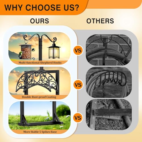 Garden Hose Holder for Outside - Upgraded Water Hose Holders with 5 Spikes & 2 Shepherds Hooks, Freestanding Hose Stand Heavy Duty Hose Hanger Hose Storage Hose Reel Rack for Outside Yard Lawn - color: Black