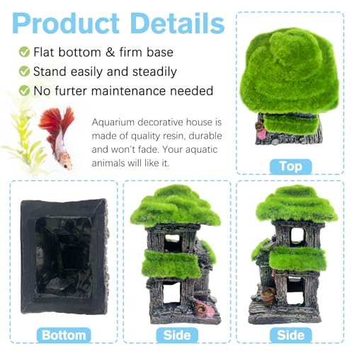 Hamiledyi Fish Hideout House for Aquarium Decorations, Betta Cave with Lifelike Moss, Come with 2 PCS Artificial Plants, Fish Tank Decoration for Shrimp Fish Shelter - style: Cottage