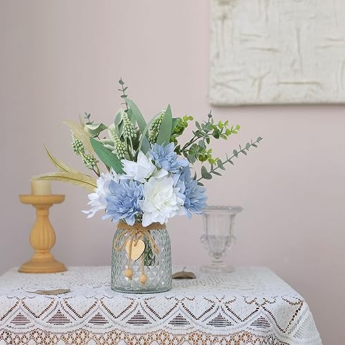 Faux Flowers with Vase,Artificial Silk Flowers in Vase, Fake Plant Eucalyptus and Willow,Flower Arrangement for Home Farmhouse Dining Table Centerpiece Decorations Coffee Table Decor (Dusty Blue)