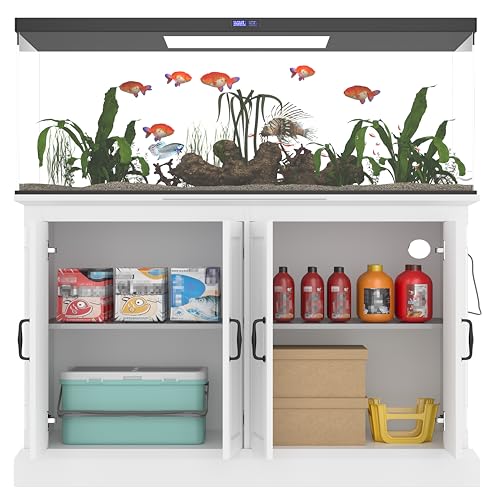 55-75 Gallon Fish Tank Stand with Power Outlet, Heavy Duty Aquarium Stand with 4 Cabinets for Turtle Tank,Reptile Terrarium with Cabinet for Fish Tank Accessories Storage,880LBS Capacity,White - color: White, size: 50.00“L*20.00'W*36.20"H