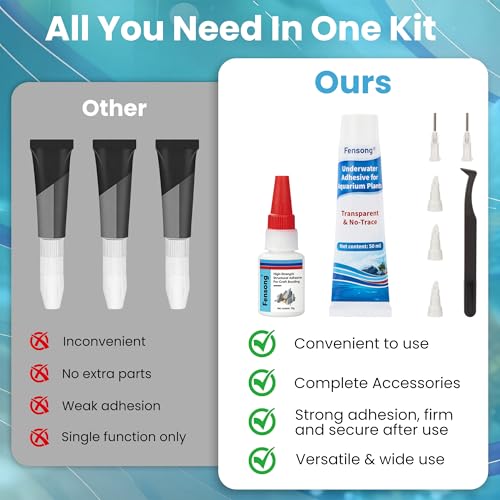 Aquarium Glue Kit – Underwater Gel & Skeleton Gel, Safe for Fish & Plants, Includes Tweezer, Precision Nozzles & Spray Tips, Perfect for Aquascaping & Hardscape
