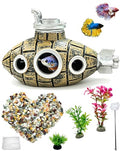 Aquarium Decor Set for Small Desktop Tanks, Includes Submarine Hide Cave, Artificial Plants, Stones & Fish Net, All-in-One Decorations Accessories for Betta, Shrimp & Cichlids