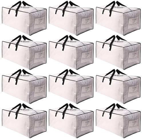 SWEET DOLPHIN 12 Pack Extra Large Moving Bags with Strong Zippers & Carrying Handles, Heavy Duty Storage Tote for Space Saving Moving Storage, Fold Flat, Alternative to Moving Box, Semi-Transparent - color: Semi-Transparent, size: 12 Pack