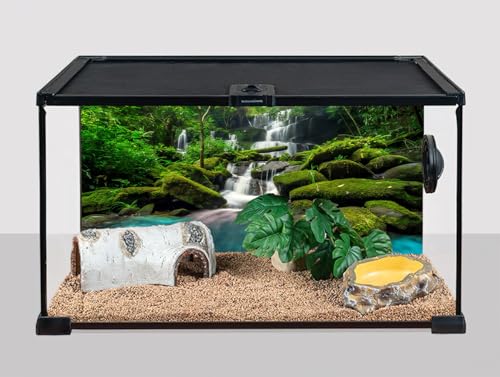 30X18 Inch Tropical Waterfall Vivarium Backdrop - Rainforest Mountain Lake & Lush Tree Reptile Tank Background - Durable Polyester Habitat Decoration - size: 30X18in