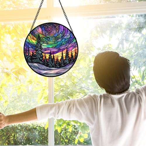 DASTOLL Stained Glass Window Hanging, Van Gogh Night Scene Sun Catchers Colorful Glass Panel Starry Sky Suncatcher Decor for Birthday for Women, Men, Wife, Aunt, and Mom 7.8 in - color: Blue, size: 7.8x7.8 IN