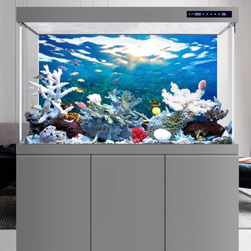 YongFoto Ocean Theme Fish Tank Background 30x12 inch Seaweed Coral Reef Rock Seafloor Tropical Fish Underwater Sea World Polyester Backdrop Reptile Habitat Terrarium Aquarium Background - color: Underwater 1, size: 30x12inches