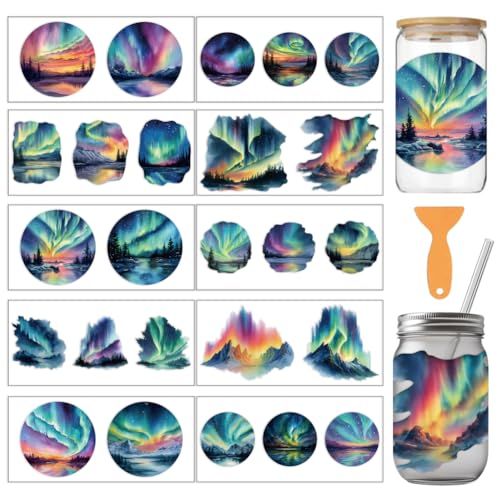 arricraft 10 Sheets Watercolor Aurora UV DTF Cup Wrap for 16OZ Glass, Colorful Aurora Snow-Capped Mountains Rub on Decals PVC Transfer Stickers for DIY Cups Wood Funiture 24x11cm/9.4x4.3inch - style: Watercolor Aurora Theme