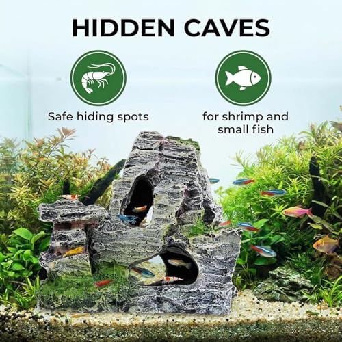 Resin Aquarium Mountain Decor with Moss Rock Cave - Multi-Level Terrain for Fish Tank Landscaping,Rock Hidden Cave and Crevices for Shrimp, Reptile Habitat