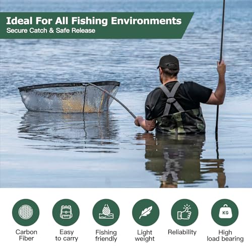 Landing Net for Carp Fishing, 42 Inch Extra Large Fishing Net, 6 Feet Carbon Fiber Long Handle Saltwater Big Fish, Holds Up to 88lbs/40kgs, Olive Green, Supplied with Carry Bag