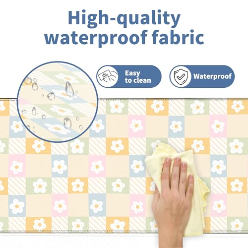 Cute Checkered Mouse Pad Large Desk Mat Extended Keyboard XL Mouse Pad Kawaii Mousepad with Non-Slip Base and Stitched Edge Daisy Mouse Mat Desk Pad 31.5 x 11.8 in Mouse Pads for Desk Home Office - color: Colorful Daisy Checkered