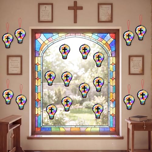 Renbuzhu 48PCS Sunday School VBS Crafts Bulk: Paper Lightbulb Cross Nativity Suncatchers, Jesus Religious Christian Activity DIY Kits Church Decorations, Window Stained Glass Effect Art Supplies - style: bulb cross