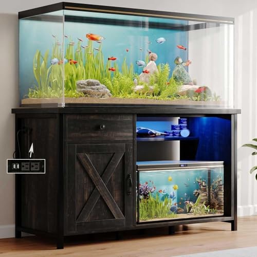 4ever2buy 55-75 Gallon Fish Tank Stand with Power Outlets, LED Light, Heavy Duty Aquarium Stand with Cabinet for Fish Tank Accessories Storage, for Turtle Tank, Reptile Terrarium, 1100LBS, Oak - color: Dark Oak