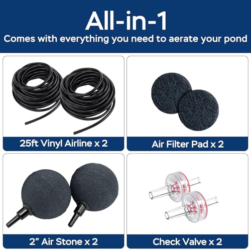 Pond Aerators for Outdoor Koi Ponds, Air Pump for Pond up to 1800 Gallons, All-in-One Flow Adjustable Pond Aeration Kit Pond Deicer with Double Outlet Airline Tubing Air Stones Check Valves - size: Up to 1800 Gallon