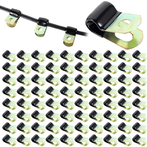 cobee 100 Pcs 1/4 Inch Cable Clamps, Vinyl Coated Wire Clamp Pipe Hose Steel Clamp with Rubber Cushioned Clips Fasteners Assortment Kit for Tube Lines Cord Installation