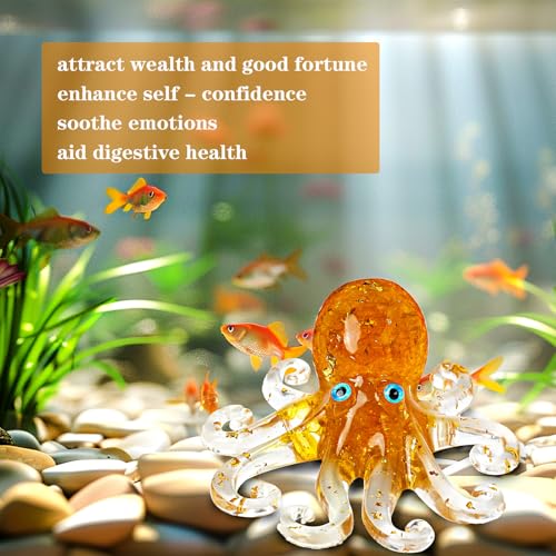 Natural Crystal Gravel Octopus Resin Marine Animals Fish Tank Decorative Ornaments Octopus Statue Healing Crystal Home Decor Ladies Gift 3.93" (Yellow, 3.93") - color: Yellow