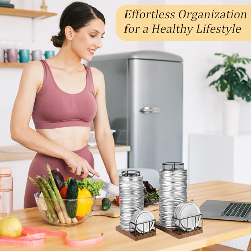 2PCS Mason Jar Lid Organizer & Holder (Wide Mouth & Regular Mouth) Iron Ball Jar Wooden Storage Accessories for Home Kitchen Organization Fit Mason/Canning/Bamboo Lids, Holds 20 Lids & 20 Rings