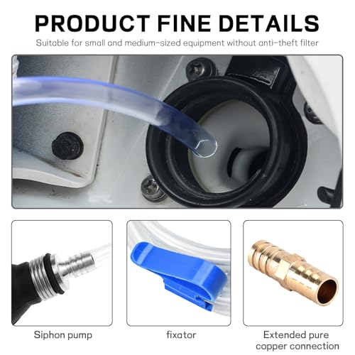Gasoline Siphon Hose, Portable Hand Fuel Transfer Pump for Gas Oil Water, Manual Gas Siphon Pump with 2 Durable PVC Hoses, Pinch Clip, Hose Retainer, Brass Extender