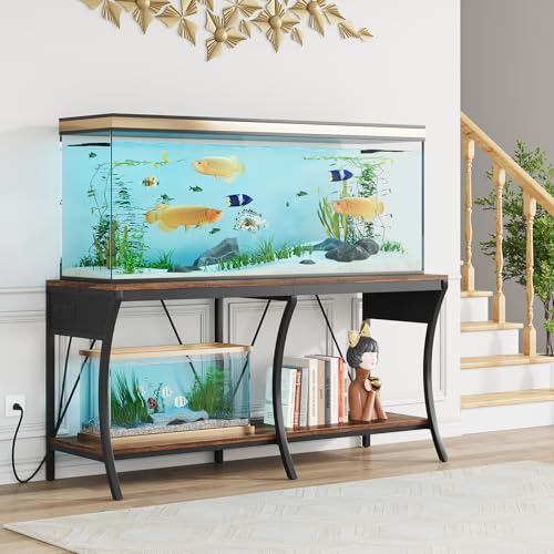 55-90 Gallon Fish Tank Stand with Power Outlets, 2-Tier Aquarium Stand with LED Light Strip & Open Storage Shelves, Heavy Duty Metal Table for Reptile Tank, 1150 LBS Capacity - color: Brown and Black