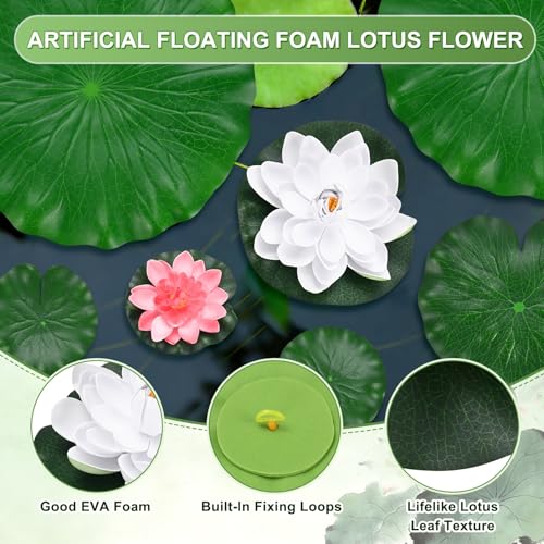 M METERXITY 1-Set Artificial Floating Foam Lotus Flower with Water Lily Pad, 4/7/11 Inch Fake Lotus Flower Water Lilies for Pool/Fountain/Garden Decor, Pond Plant Ornament [White, Light Pink] - color: White, Light Pink, size: 6.7/3.9 Inch