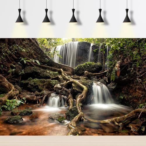 Waterfall Aquarium Background Jungle Forest Lake Stream Natural Landscape Fish Tank Background Tropical Plants Huge Rock Terrarium Backgrounds Jungle Old Trees Falls Aquarium Tank Backgrounds 24x12in - color: Brown_Green, size: 24(W)x12(H)inches/ 60(W)*30