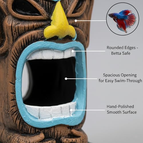 Small Aquarium Decor Cave Hideout, Smooth Resin Fish Tank Decorations with Tiki, Betta Hideout for Reptiles, Shrimp & Axolotl Tanks (2.8x2.8x4.9 Inch)