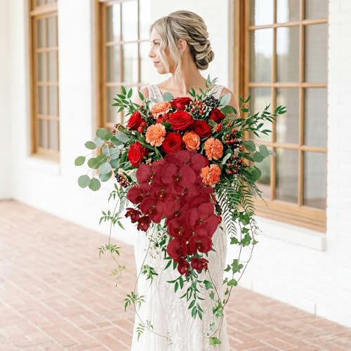 36.6'' Red Orchids Artificial Flowers 10 Large Blooms Fake Phalaenopsis Branches 5PCS Long Stem Faux Silk Orchids for Tall Vase for Home Wedding Party Table Office Decoration (Red) - color: Red