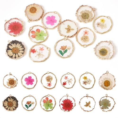 Transparent Flower Resin Charms Round Gold Edge Dried Floral Pendants Flat Round Clear Gold Foil Floral Charms for Necklace Bookmark Keychain Jewelry Making - color: Flower-2