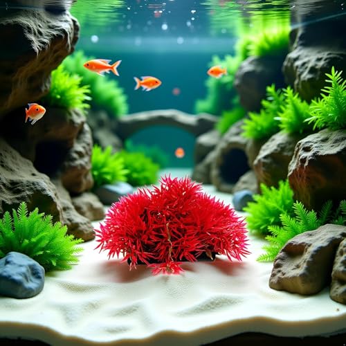 Red Artificial Flowers, Fake Flowers, Artificial Pine with Base Grass Fish Tank Ornament Aquatic Plant Landscape Decor, Aquarium Décor Plastic Plants