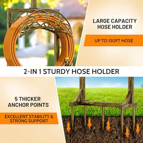 Garden Hose Holder - Upgraded Water Hose Holders for Outside with 5 Spikes & 2 Shepherds Hooks, Freestanding Hose Stand Hose Hanger Hose Storage Hose Reel Rack for Yard Lawn(Antique Golden) - color: Antique Golden