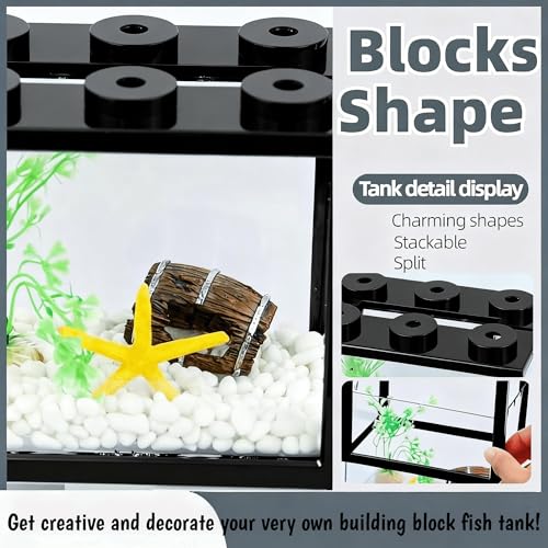 Small Betta Fish Tank, Stackable Mini Fish Tank Tiny Aquarium Kit with Aquarium Gravel & Resin Decorations, 0.6 Gallon Cube Desktop Fishbowl for Snails, Crabs, Starfish (Black) - color: Black